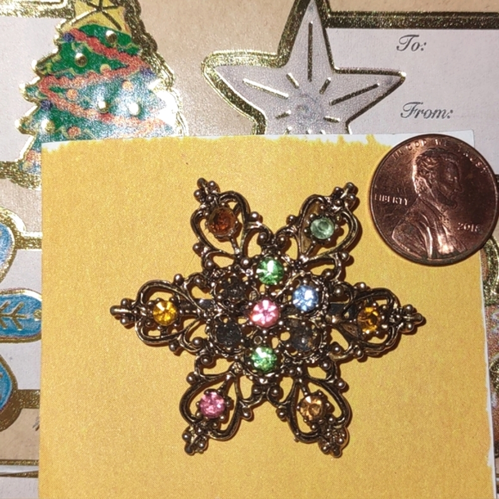 Vintage Jeweled Star Brooch Antique Brass